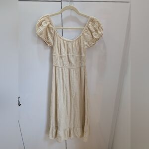 Cream Puff-Sleeve Minimalist Coastal Cottage Core Midi Dress with Scoop Neck